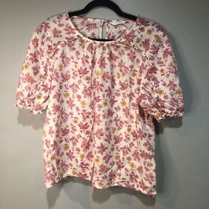Lucky Brand Shirt White Floral Ruffle Short Sleeve Pleated Button Top